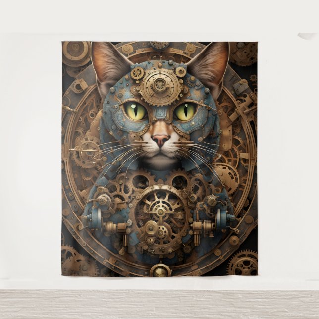 blue steampunk cat AI art Tapestry  (Front)