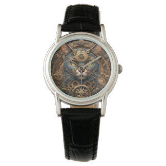 blue steampunk cat AI art womens watch