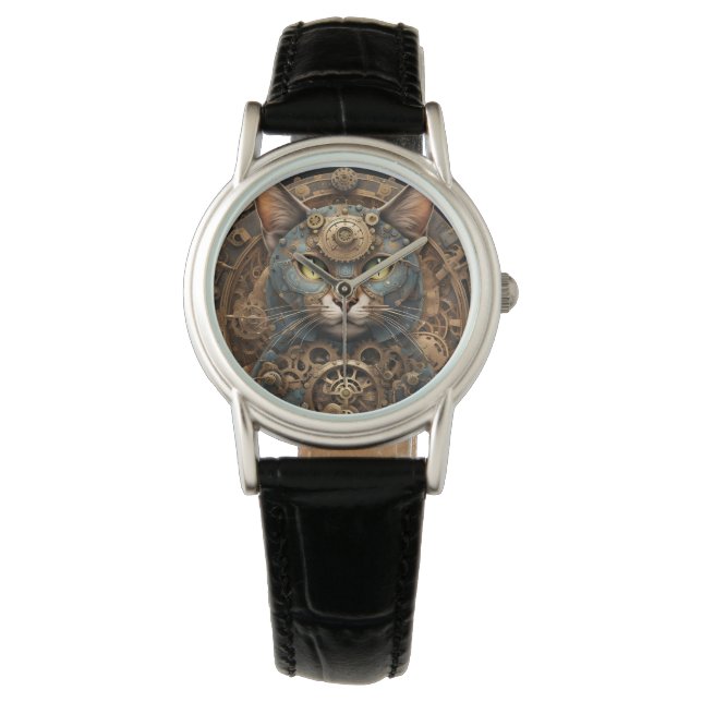 blue steampunk cat AI art womens watch (Front)