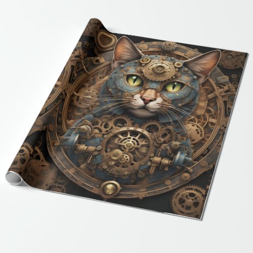 blue steampunk cat AI art wrapping paper