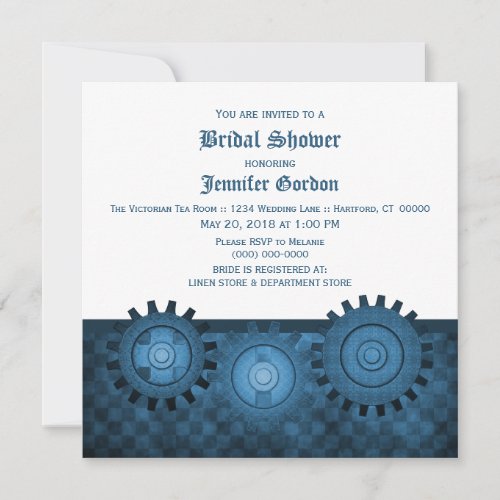 Blue Steampunk Gears Bridal Shower Invite