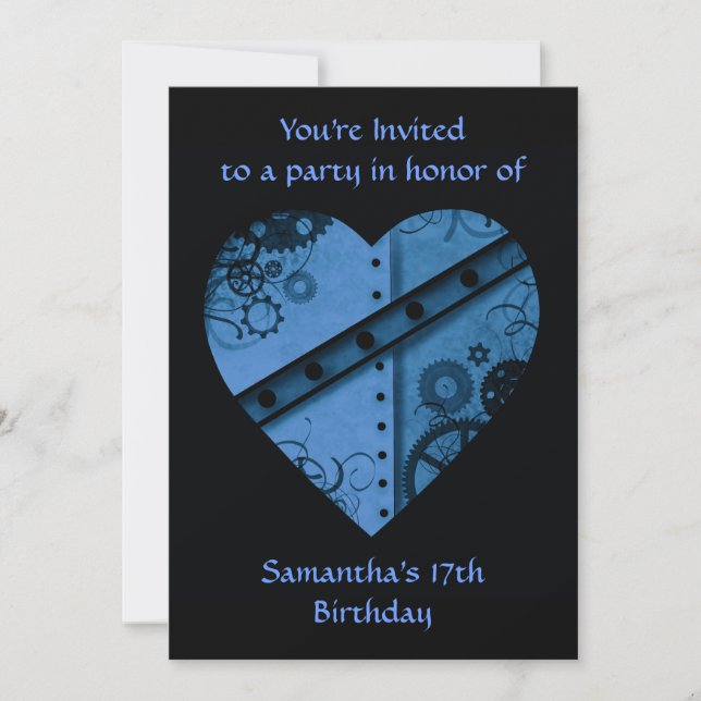 Blue steampunk heart birthday party invitation (Front)