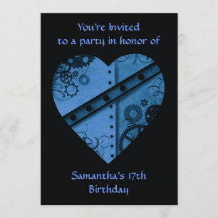 Blue steampunk heart birthday party invitation