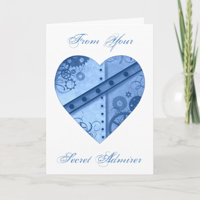 Blue steampunk heart secret admirer holiday card (Front)