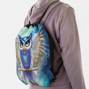 Blue Steampunk Owl Drawstring Bag