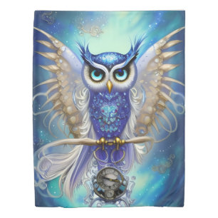 Blue Steampunk Owl Duvet Cover
