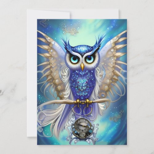 Blue Steampunk Owl Holiday Card