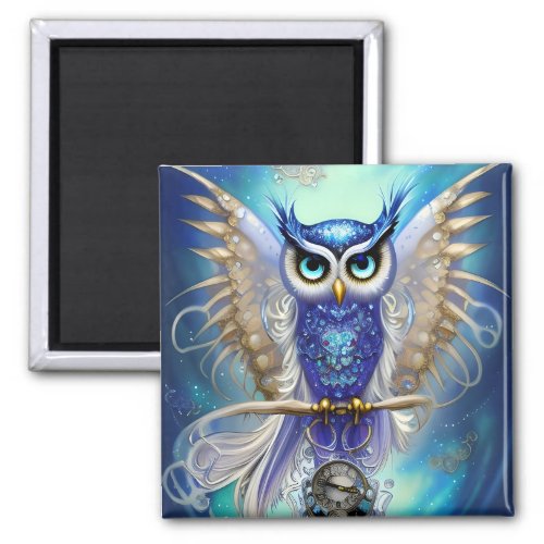 Blue Steampunk Owl Magnet