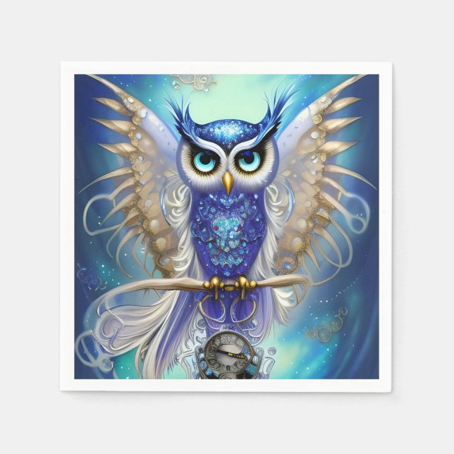 Blue Steampunk Owl Napkins (Front)