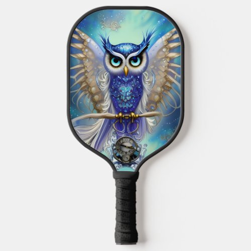 Blue Steampunk Owl Pickleball Paddle