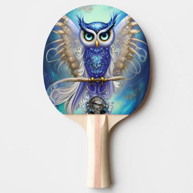 Blue Steampunk Owl Ping Pong Paddle (Front)