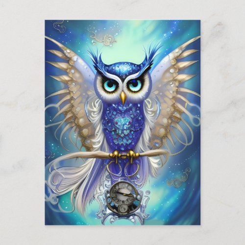 Blue Steampunk Owl Postcard