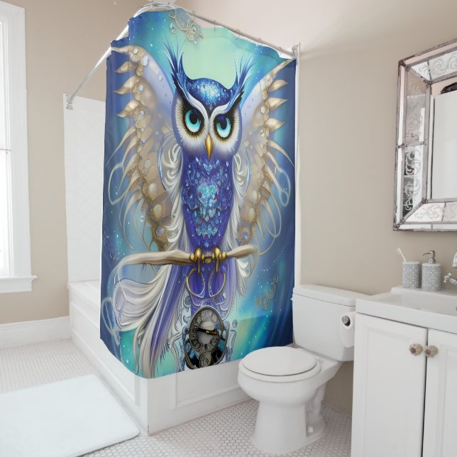 Blue Steampunk Owl Shower Curtain (In Situ)