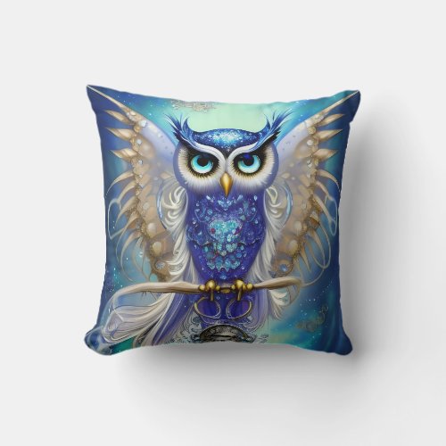 Blue Steampunk Owl Throw Pillow