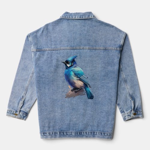 Blue Stellar Jay Artistic Bird Watercolor Nature W Denim Jacket