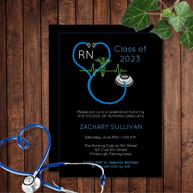 Blue Stethoscope EKG Nursing Graduation Party Invitation | Zazzle