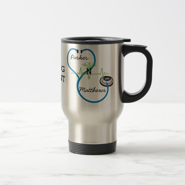Blue Stethoscope Nursing Student Caduceus Name Travel Mug (Right)