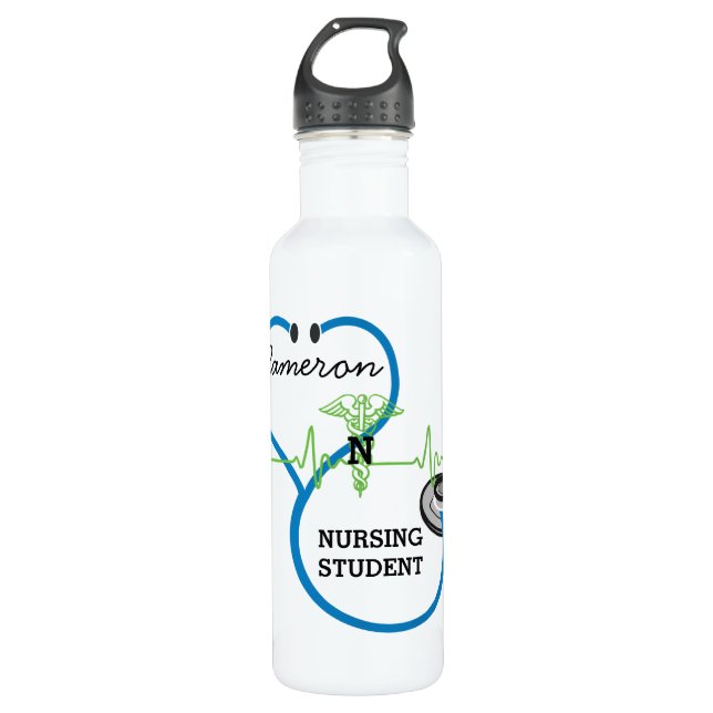Blue Stethoscope Nursing Student Name Water Bottle (Front)