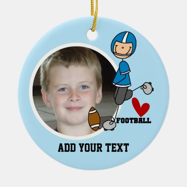 Blue Stick Figure Football Player Keepsake Ceramic Ornament (Front)