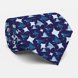 Blue sting ray manta ray fish pattern neck tie