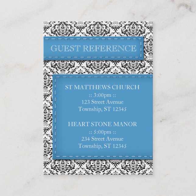 Blue Stitched Damask Wedding Guest Reference Cards (Front)