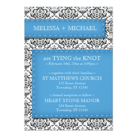 Blue Stitched Damask Wedding Invitations