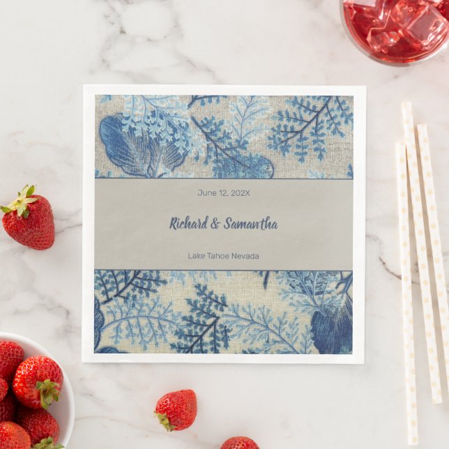 Blue Stitched Flora Paper Dinner Napkins (Insitu)
