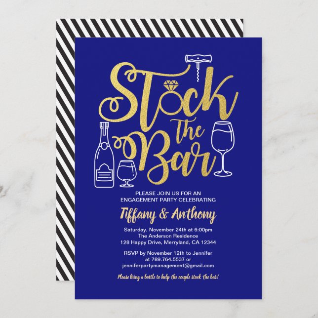 Blue Stock the bar invitation engagement party (Front/Back)