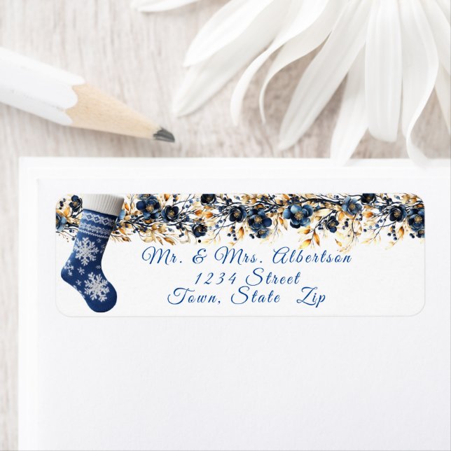 Blue Stocking Christmas Garland Label (Insitu)