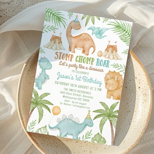 Blue Stomp Chomp Roar Party Like Dinosaur Birthday Invitation