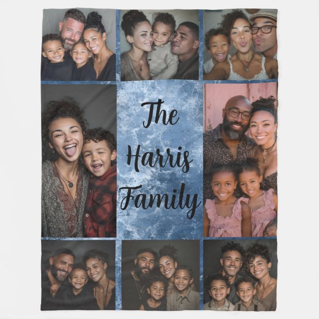 Blue Stone Family Photo Collage Fleece Blanket (Front)