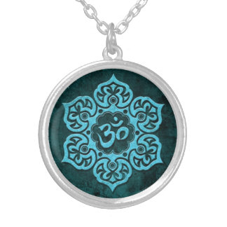 Blue Stone Floral Om Silver Plated Necklace