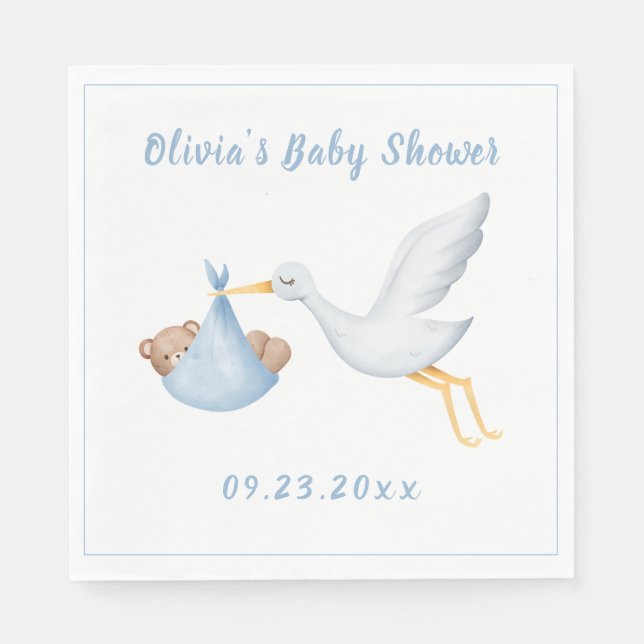 Blue Stork Baby Bear Boy Baby Shower Napkins (Front)