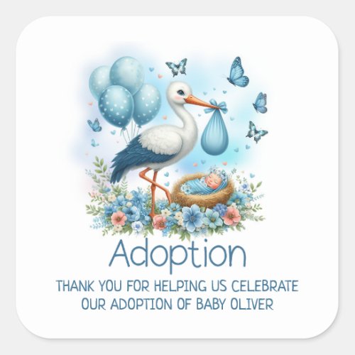 Blue Stork Baby Boy Adoption Baby Shower Thank You Square Sticker