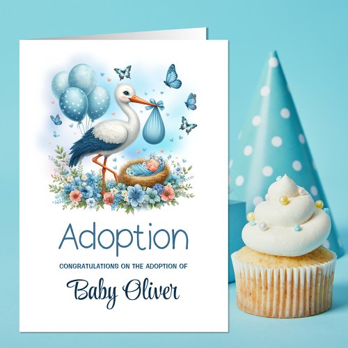 Blue Stork Baby Boy Adoption Congratulations Card