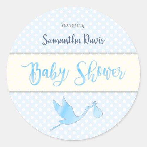 Blue Stork Baby Boy Baby Shower Classic Round Sticker