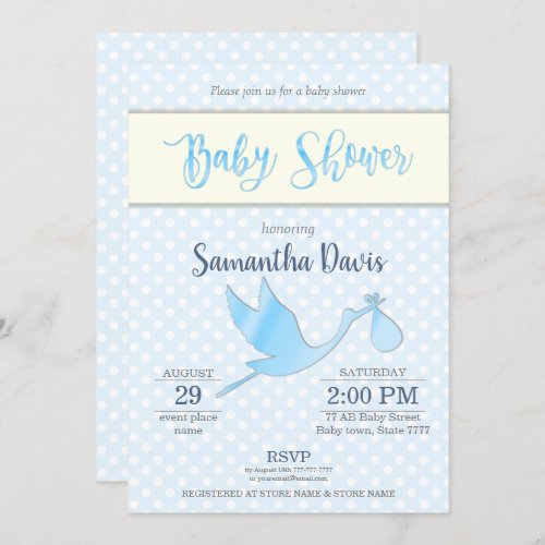 Blue Stork Baby Boy Baby Shower Invitation