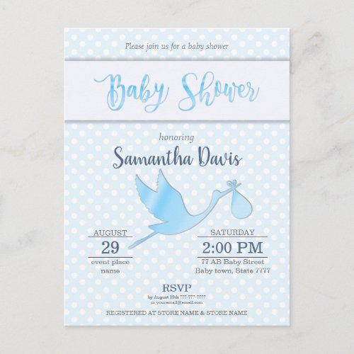 Blue Stork Baby Boy Baby Shower Invitation Postcard