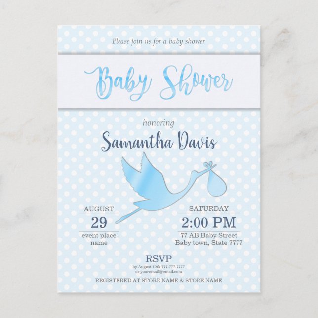 Blue Stork Baby Boy Baby Shower Invitation Postcard (Front)