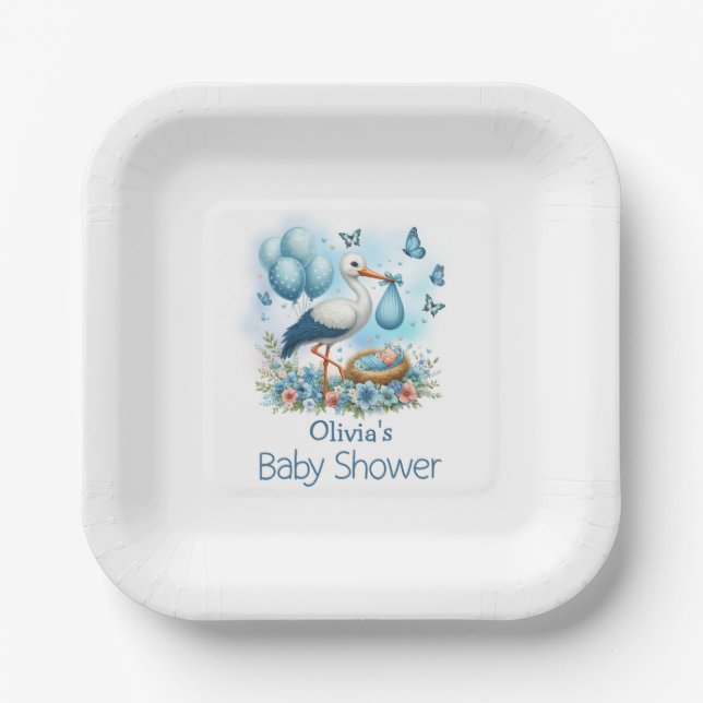 Blue Stork Baby Boy Baby Shower Paper Plates (Front)