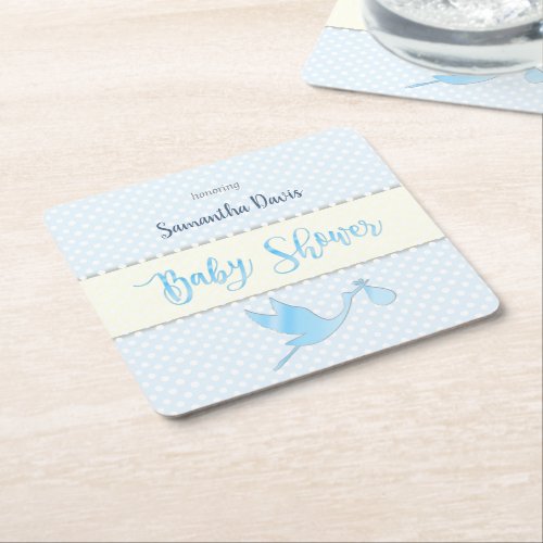Blue Stork Baby Boy Baby Shower Square Paper Coaster