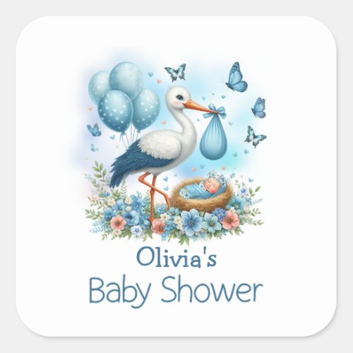 Blue Stork Baby Boy Baby Shower Square Sticker