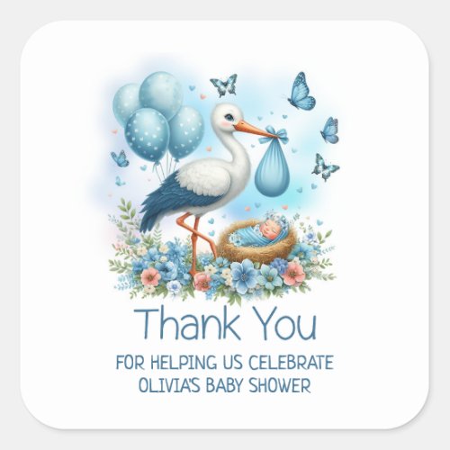 Blue Stork Baby Boy Baby Shower Thank You Square Sticker