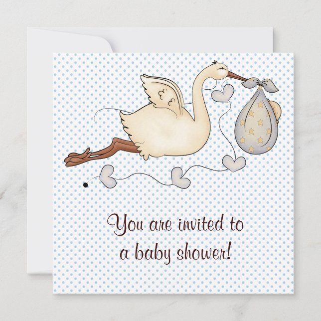 Blue Stork Baby Boy Shower Invitation (Front)