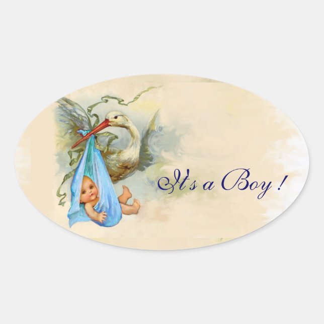 BLUE STORK BABY BOY SHOWER OVAL STICKER (Front)