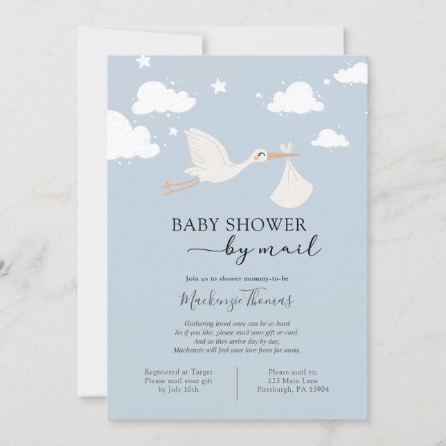Blue Stork Baby Shower by Mail Invitation (Front)