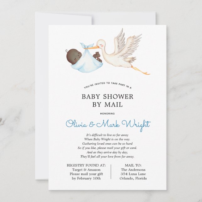 Blue Stork Baby Shower by Mail Invitation (Front)