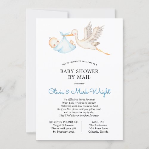 Blue Stork Baby Shower by Mail Invitation