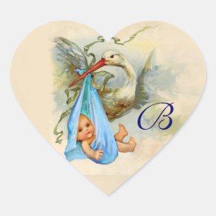 BLUE STORK BABY SHOWER HEART MONOGRAM , HEART STICKER