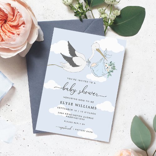 Blue Stork Baby Shower Invitation